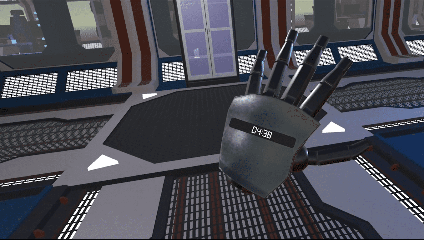 screnshot prise en jeu, ony voit une main avec un timer dessus dans une salle d'arcade sur le thème de l'espace